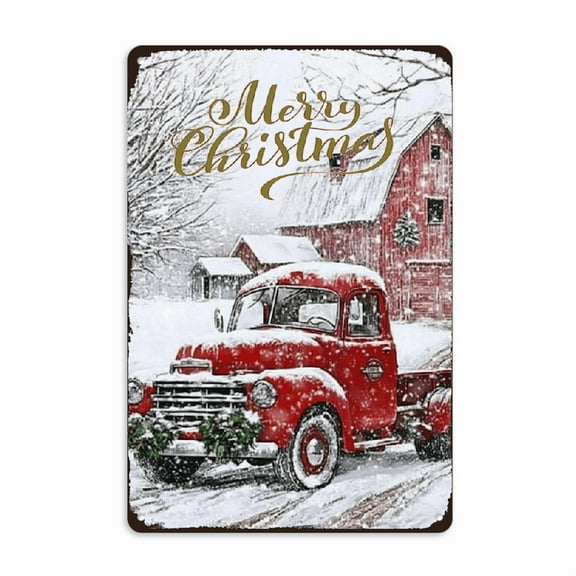 YNLLOOFA Merry Christmas Metal Tin Sign Vintage Christmas Red Truck Wall Sign Retro Christmas Tree Metal Plaque Sign Decorations Christmas Gift For Home Decor
