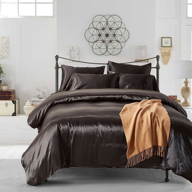 Hotel Home Color Sólido Seda Imitada Satén de Lujo 3Pcs Juego de Cama de Edredón