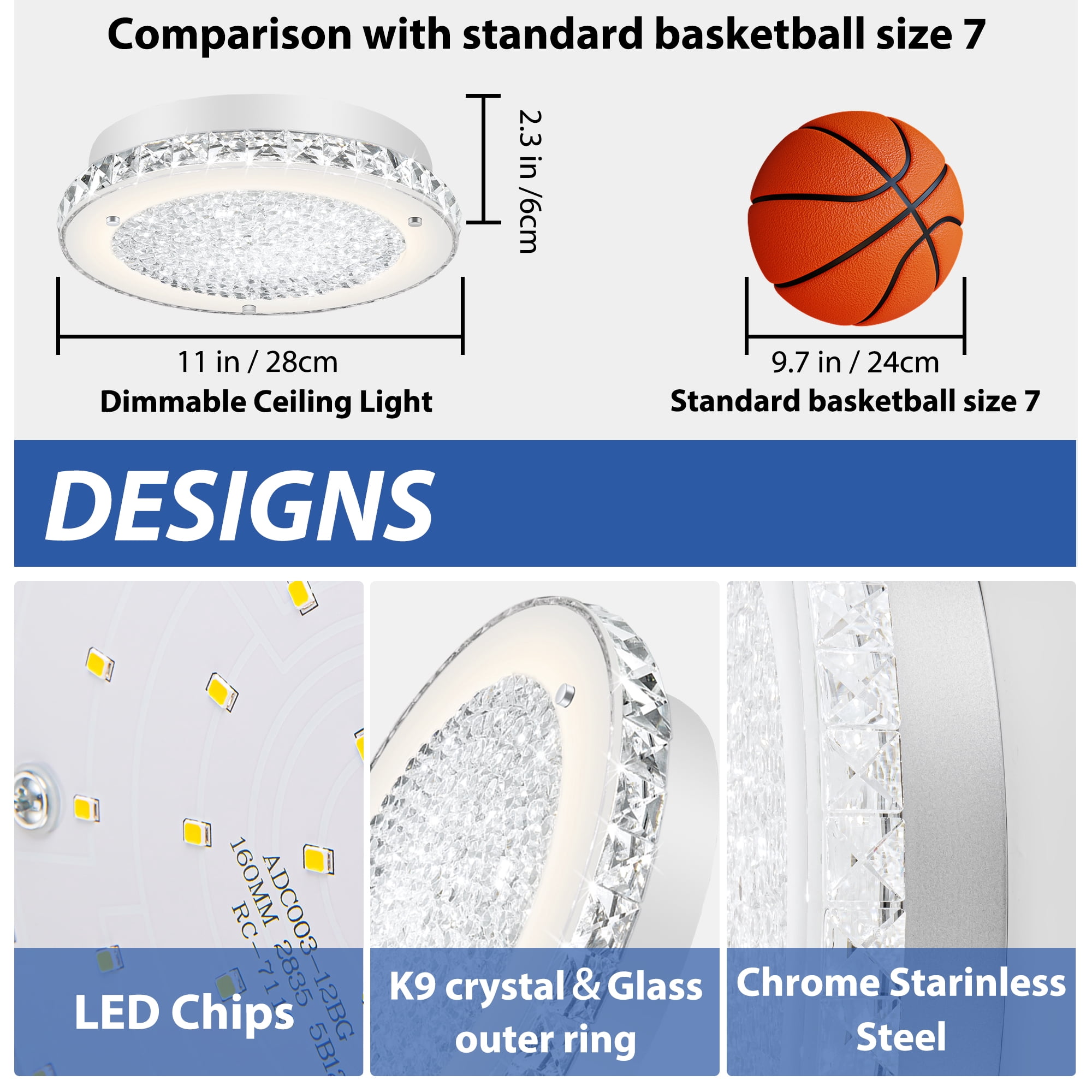Auffel LED Kitchen Light Fixture for Ceiling Light Fixture,11 Inch Crystal Ceiling Light for Bathroom Hallway Living Room Dimmable 4000K Super Bright