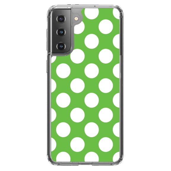 DistinctInk Clear Shockproof Hybrid Case for Galaxy S21 5G (6.2" Screen) - TPU Bumper, Acrylic Back, Tempered Glass Screen Protector - White & Green Polka Dots