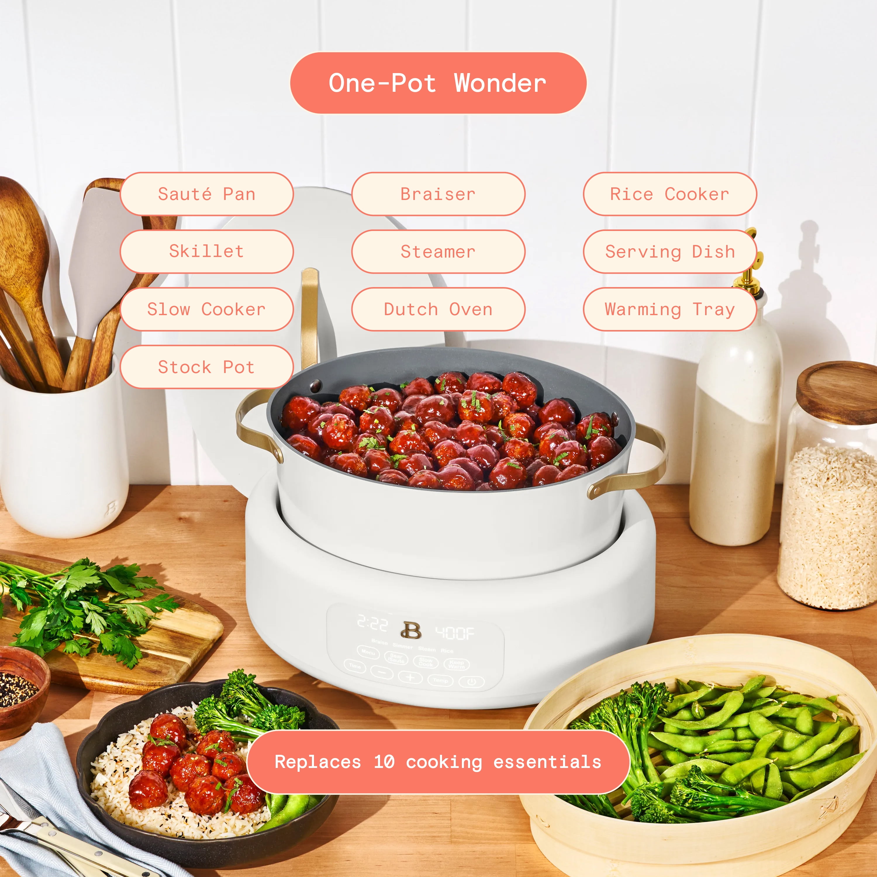 Beautiful 10-in-1, 8 Qt Multi-Cooker with Bamboo Steamer Insert and 7 Preset Functions, White Icing by Drew Barrymore