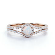 Vintage .83 ct Round Blue Fire Opal and Moissanite Birthstone Promise Ring in 18K Rose Gold over Silver