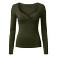 thumbnail image 3 of Womens Long Sleeve Twist Front V-Neck T-Shirts Double Lined Slim Fit Top Trendy Tee, 3 of 5