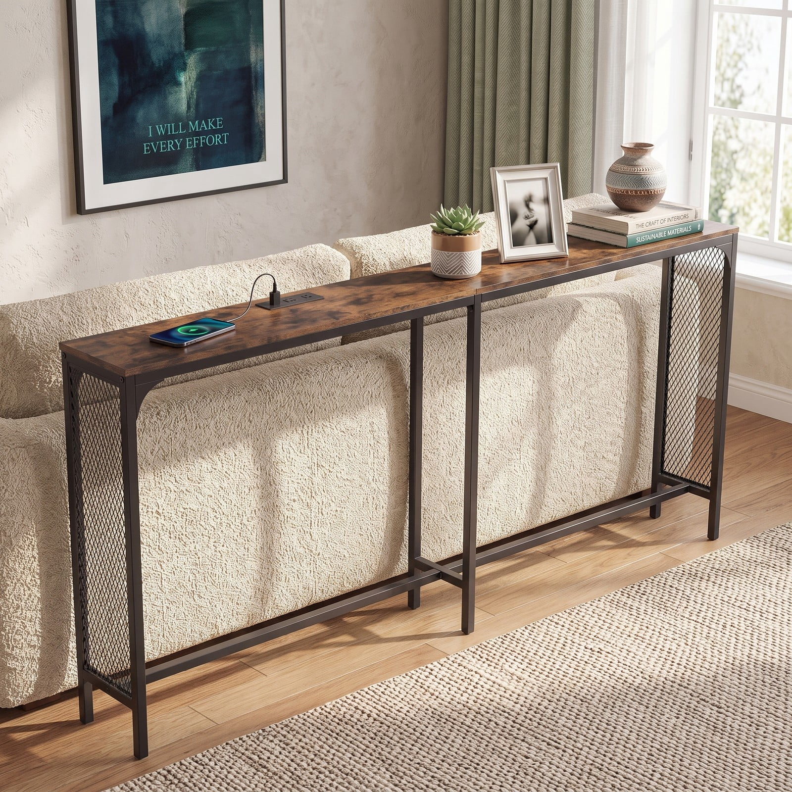 Furnibear 71 Inch Narrow Console Table with Power Outlet and USB Ports and Metal Mesh Frame for Small Space, Rustic Brown