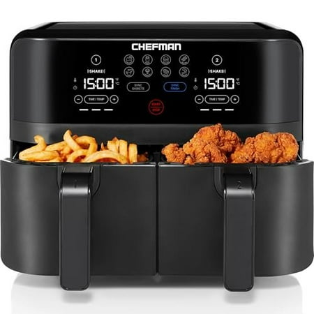Chefman TurboFry Touch Dual Air Fryer, Maximize The Healthiest Meals With Double Basket Capacity, One-Touch Digital Controls And Shake Reminder For The Perfect Crispy And Low-Calorie Finish