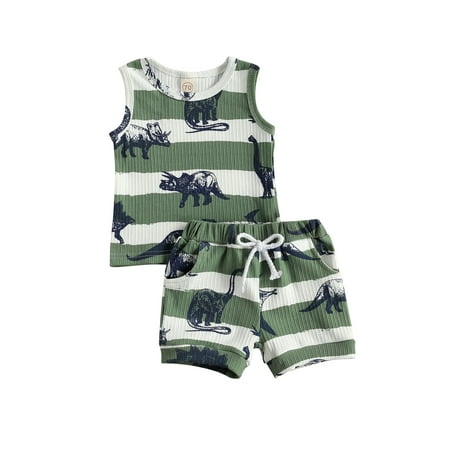 

Qtinghua Newborn Baby Boy Shorts Sets Sleeveless Ribbed Dinosaur Vest Tank Top Shorts 2Pcs Summer Outfits Green 3-6 Months