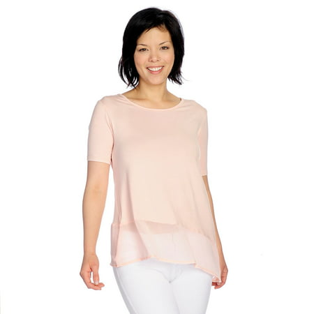 Kate & Mallory Women's Stretch Knit Sheer Trimmed Asymmetrical Top in Blush -