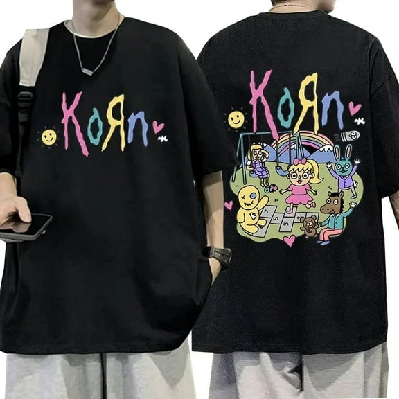 Fun Novelty Personalized Print Men's Women Short Sleeve Tshirts Korn Cartoon Rock Band Music Album Print Cotton T-shirt Unisex Streetwear