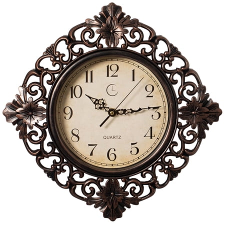 11 Classic Round Decorative Hanging Wall Clock With Ornate Floral Scroll Frame In Vintage Distressed Finish For Home Entryway Living Room Bedroom Kitchen Office Hotel & Restaurant Brown