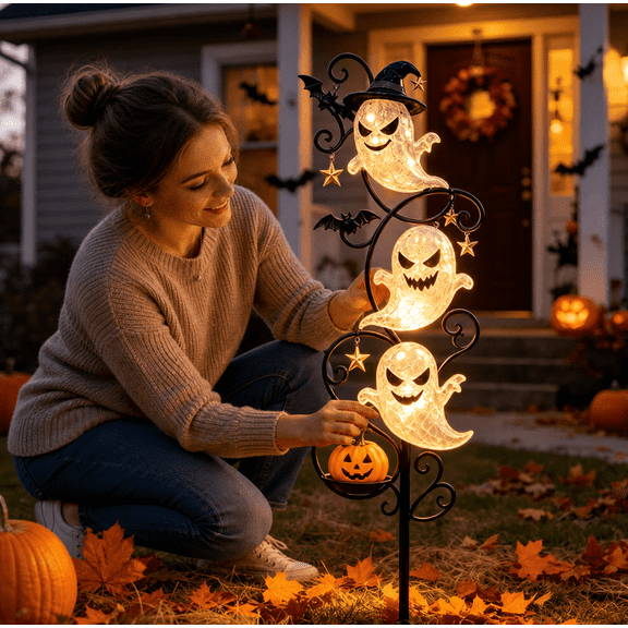 3 Pack Solar Halloween Ghost Garden Stake Lights, Metal Glowing Ghost Yard Decor, IP65 Waterproof Outdoor Pathway Lights with Pumpkin Star Ornament for Patio Lawn Halloween Decorations