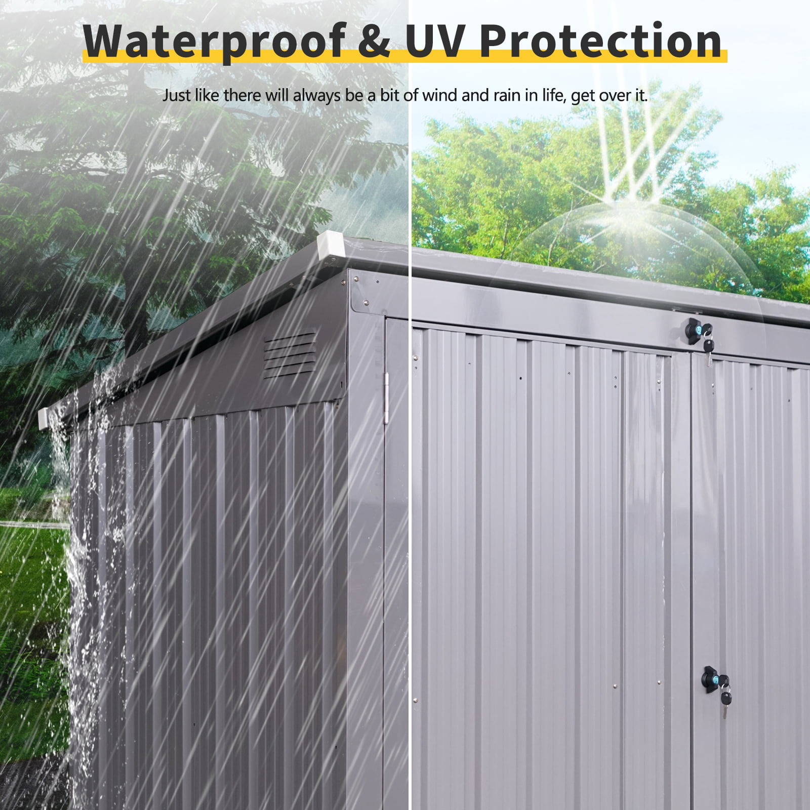 Witaxima Metal Outdoor Garbage Bin Shed for 2 Trash Cans, 62.25"L x 40"W x 52.75"H, Galvanized Steel Storage Shed for Garden/Yard, Lockable Door & Sloped Roof, Gray