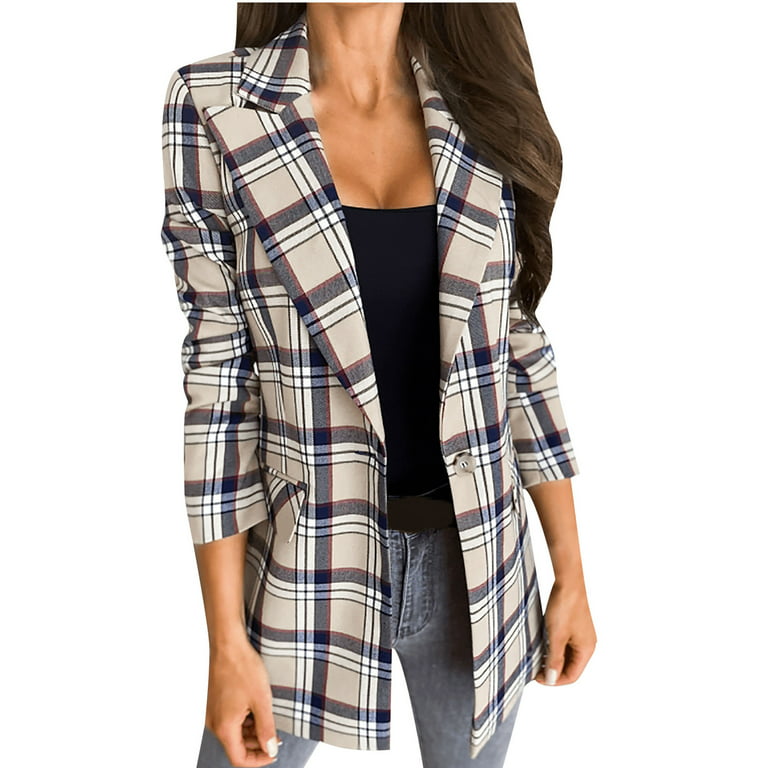 Tloowy Women's Fashion Plaid Printed Business Suit Coat