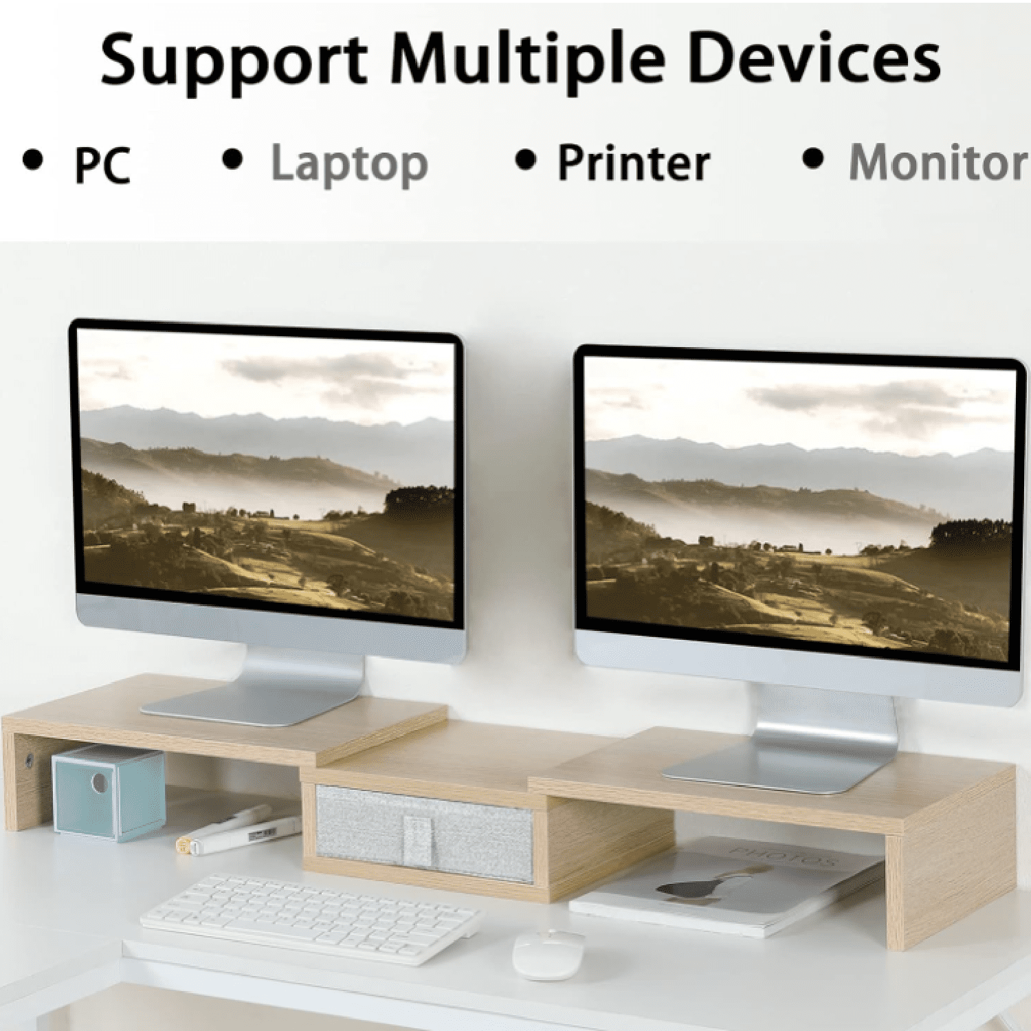 3 Shelf Monitor Stand Riser with Drawer-Length and Angle Adjustable Dual Monitor Riser with Storage Corner Desk Shelf Organizer Large Computer Stand for 2 Monitors/Laptop (Maple, 1 Drawer)