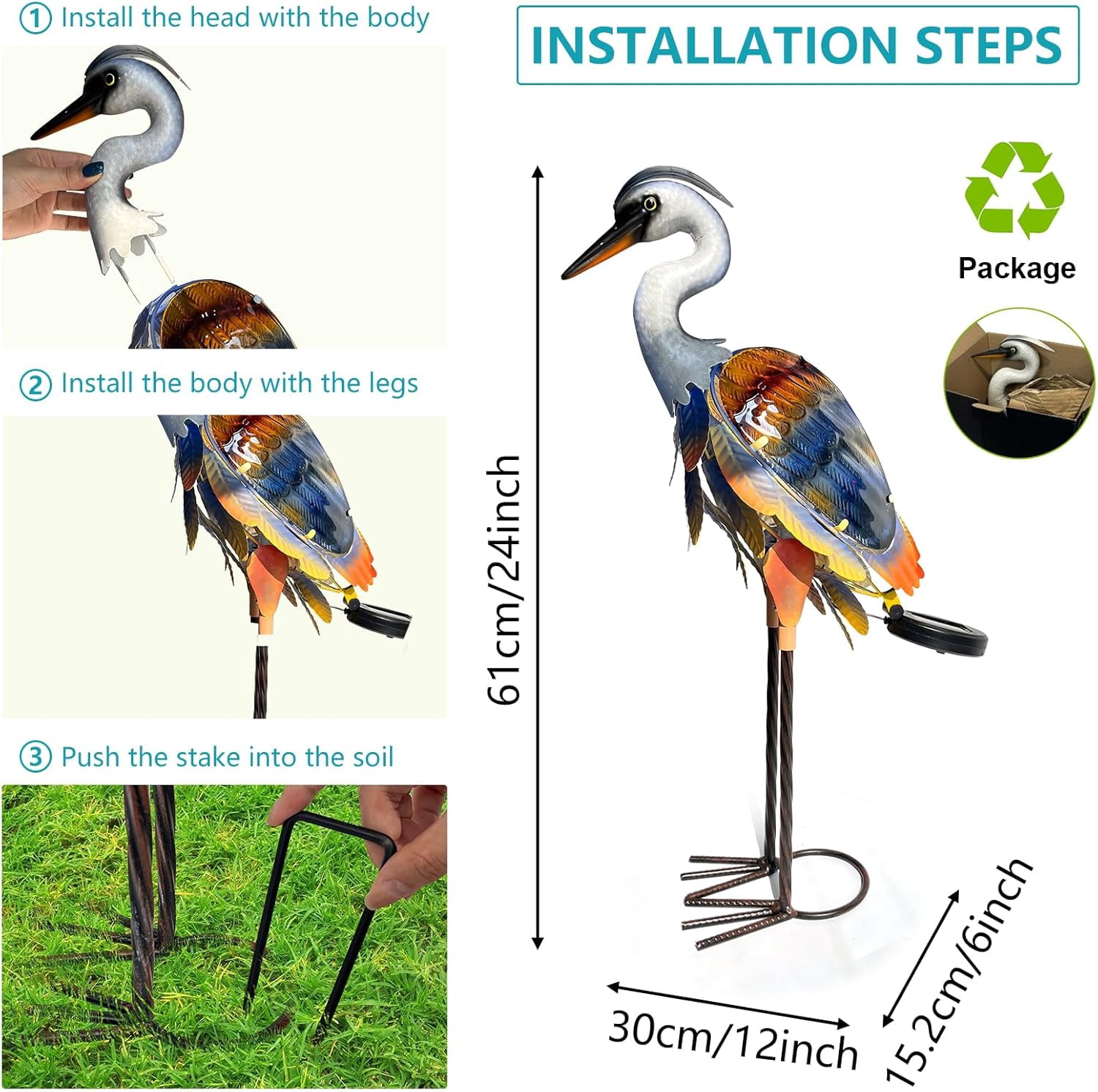 Solar Heron Metal Crane Statue Garden Heron Sculpture, Glass Outdoor Crane Yard Art Coastal Ocean Bird Decor 24 Inch Lawn Ornament for Backyard Porch Patio Decor