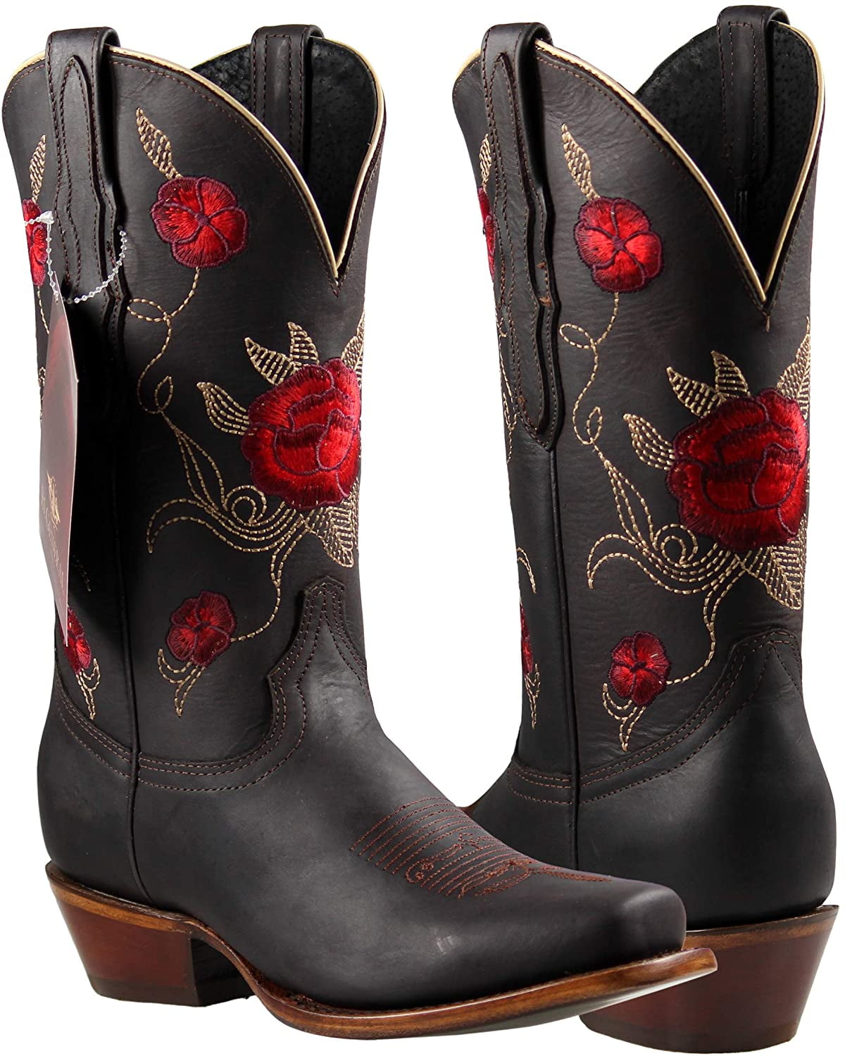Women's New Leather Western Cowgirl Rodeo Biker Boots Square Black Red 