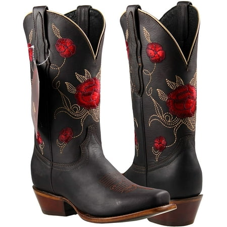 

Women Western Cowgirl Boots Square Toe Leather Flower Embroidered