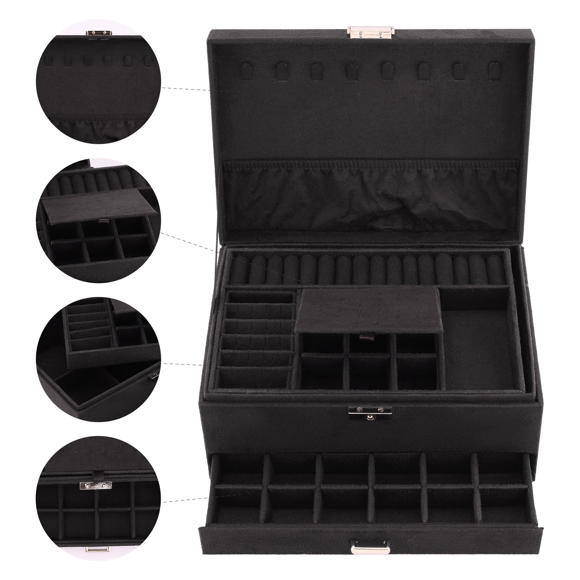 Unique Bargains 3 Layers Jewelry Box Organizer with Drawer Removable Tray Black
