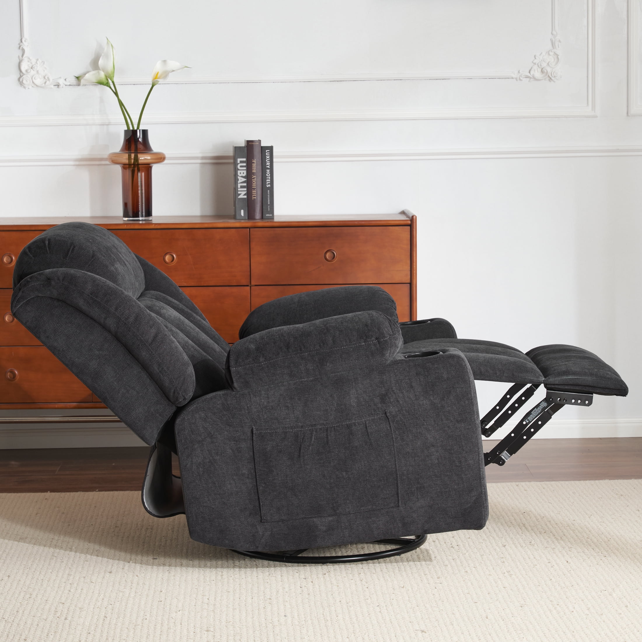 Sfxingyou Adult Fabric Solid Print Recliner Chair with Massage and Heat, Black Fabric