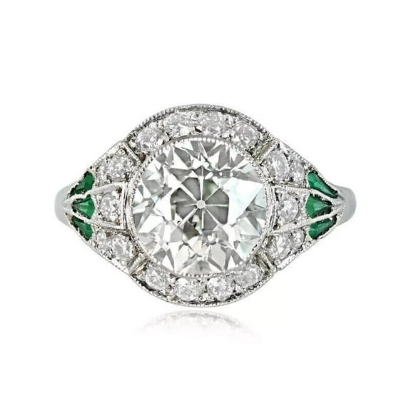 Art Nouveau Engagement Ring, Antique Milgrain Bezel Set Diamond Ring, Vintage Halo Diamond Wedding Ring, Dome Cocktail Ring, 14K White Gold Plated, 2.3 Ct Simulated Diamond & Green Emerald