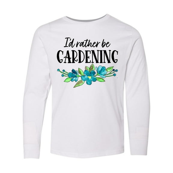 Inktastic I'd Rather Be Gardening Blue Flowers Long Sleeve Youth T-Shirt