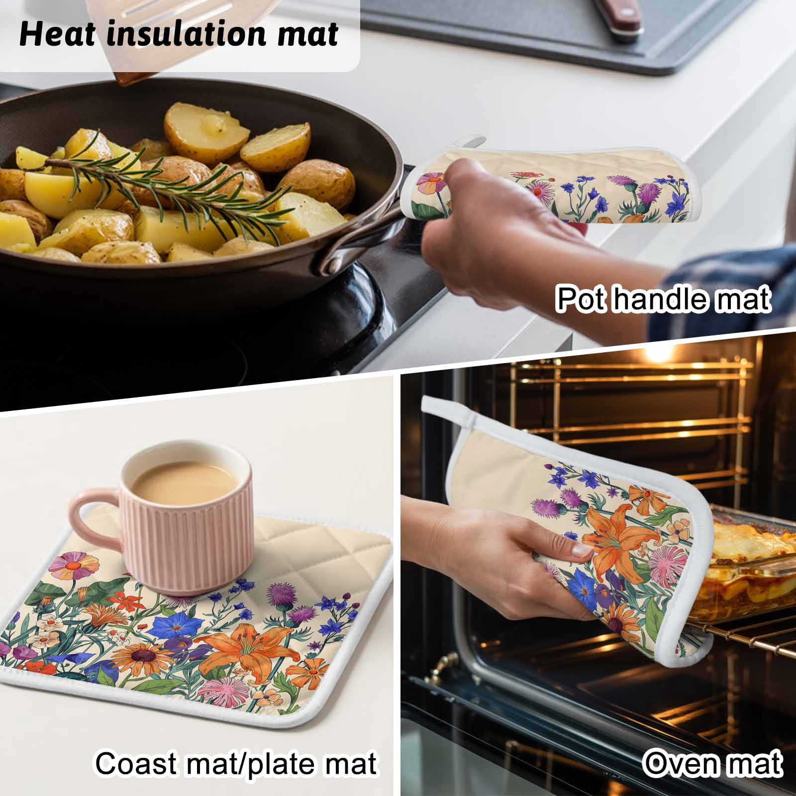 Spring Floral Pot Holders for Kitchen Heatproof Potholder, 4 Pack Purple Yellow Flower Farmhouse Hot Pads Multipurpose Oven Pads Cloth Potholders Trivet for Cooking and Baking