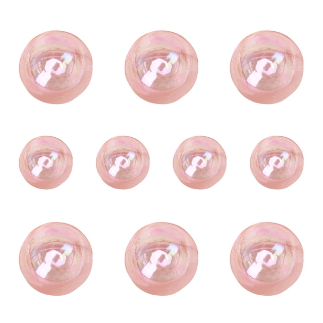 pstuiky bolas de espuma de colores para decoración de pasteles, ideales para cumpleaños. incluye enchufe para decorar la mesa de postres. 10 unidades. Vista frontal centrada de diez bolas perladas color blanco con reflejos rosados; tres grandes arriba, cuatro pequeñas en el centro y tres grandes abajo, superficie lisa nacarada y forma esférica sobre fondo blanco. Diseñadas como adorno para pasteles y mesas de postres; también aptas para decorar cupcakes o centros de mesa pequeños.
