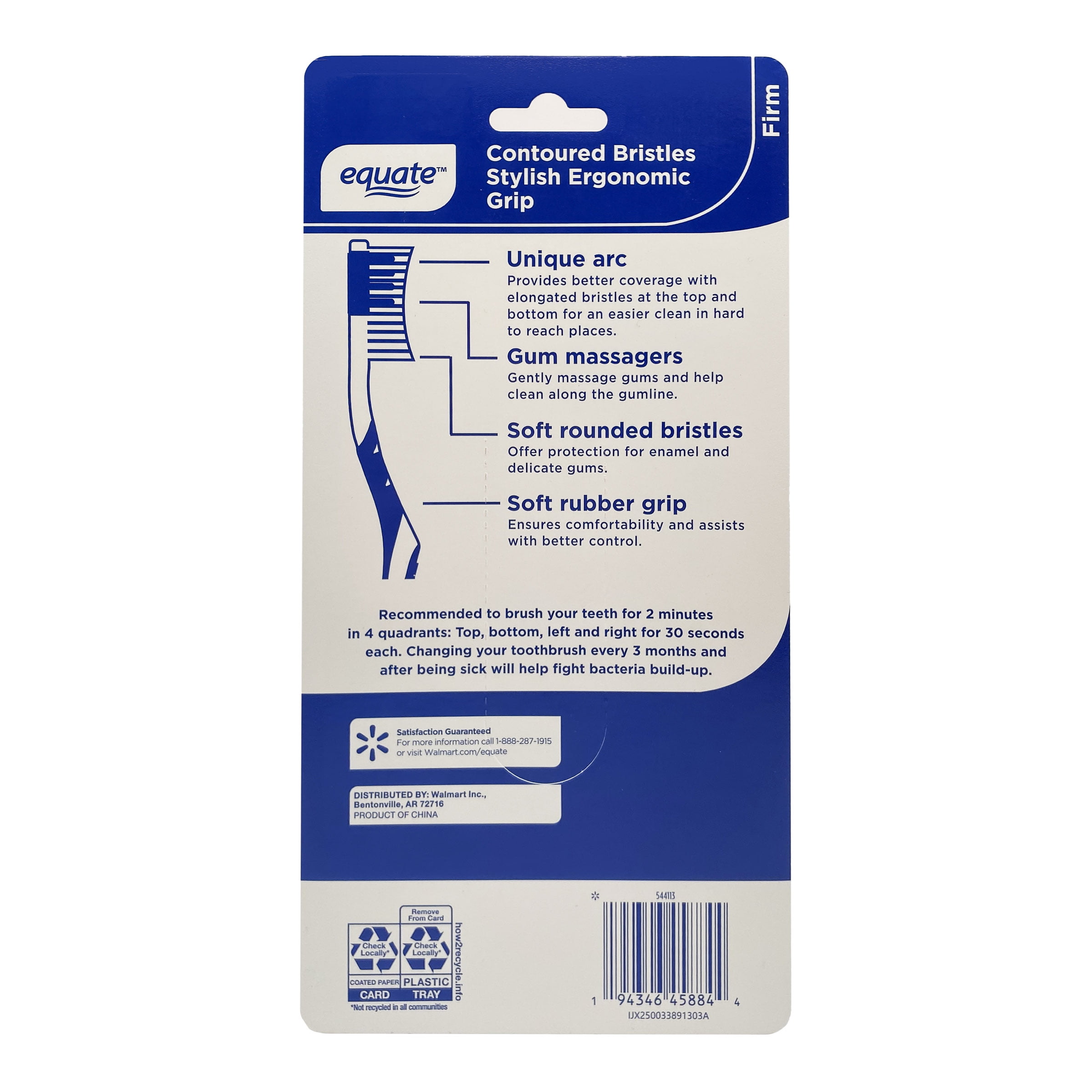 Equate Manual Toothbrushes with Contoured Bristles and Ergonomic Grip, Firm, 6 Count