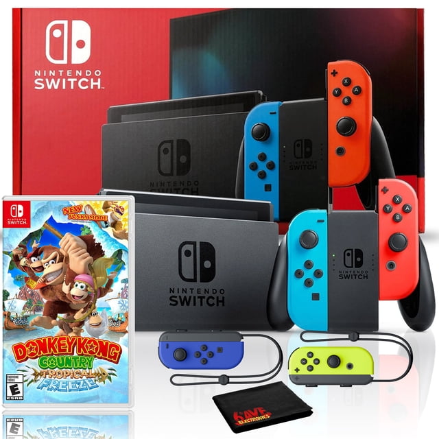 Nintendo Switch con Paquete de JoyCon Azul/rojo Neón con JoyCon Azul/amarillo Neón y Donkey Kong Country: Tropical Freeze
