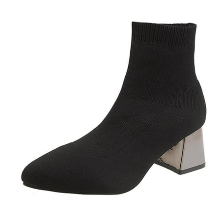 

jsaierl Women s Knit Chunky Heel Sock Boots Pointed Toe Ankle Booties Stretch Socking Boots