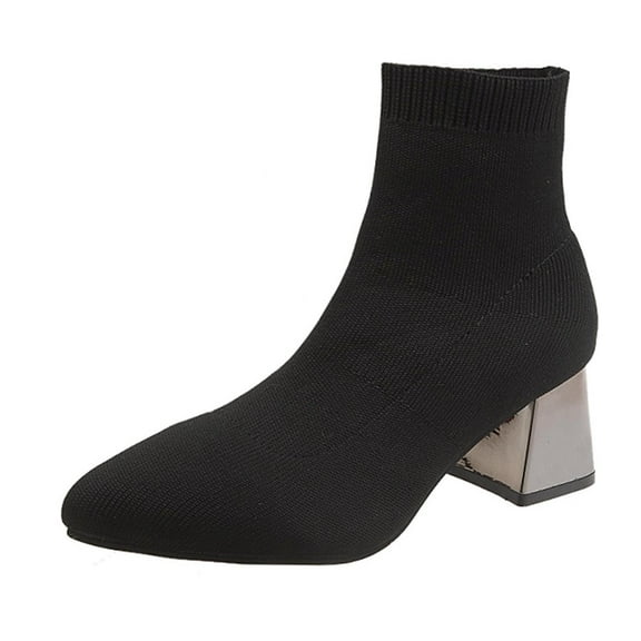jsaierl Women's Knit Chunky Heel Sock Boots Pointed Toe Ankle Booties Stretch Socking Boots