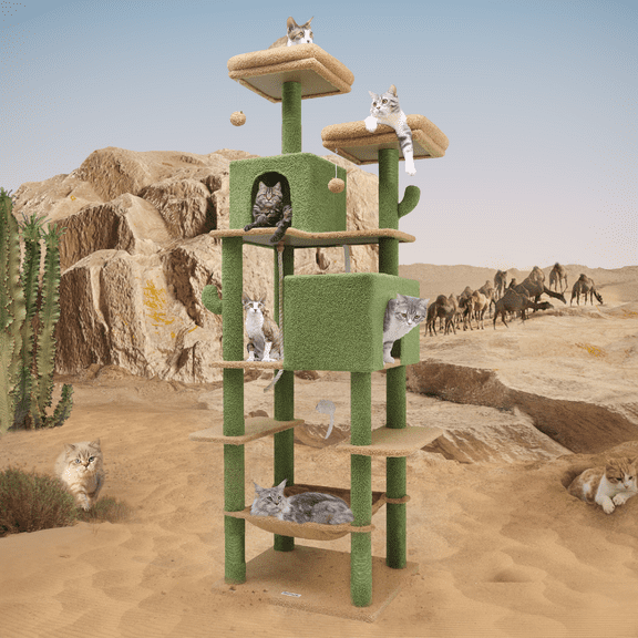 Cactus Cat Tree Tower 76" Extra Tall Multi-Level Cat Furniture with Cozy Condos & Toys, Green