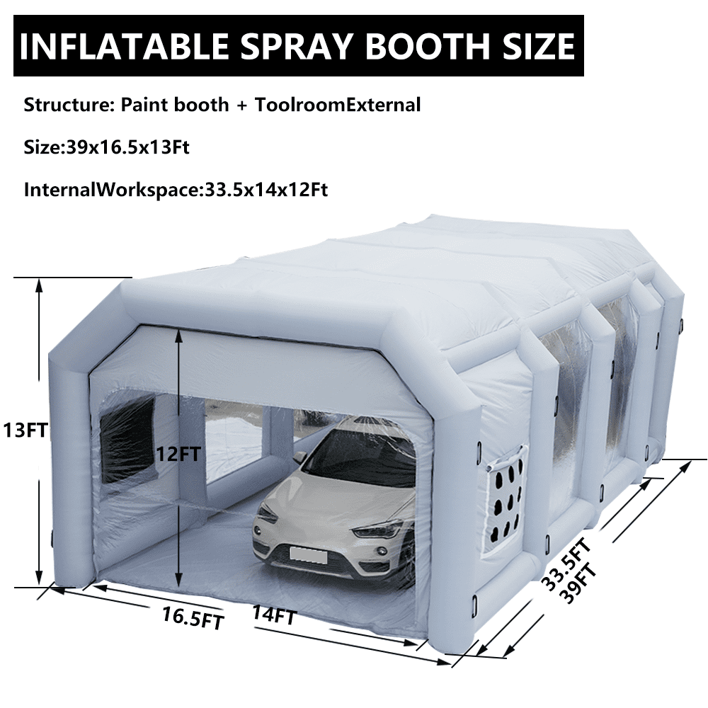 WGIA Inflatable Paint Booth 39X16.5X13FT with 3 Blowers Inflatable Spray Booth，Professional Car Workstation Portable Auto Paint Booth for Cars, Car Parts Painting