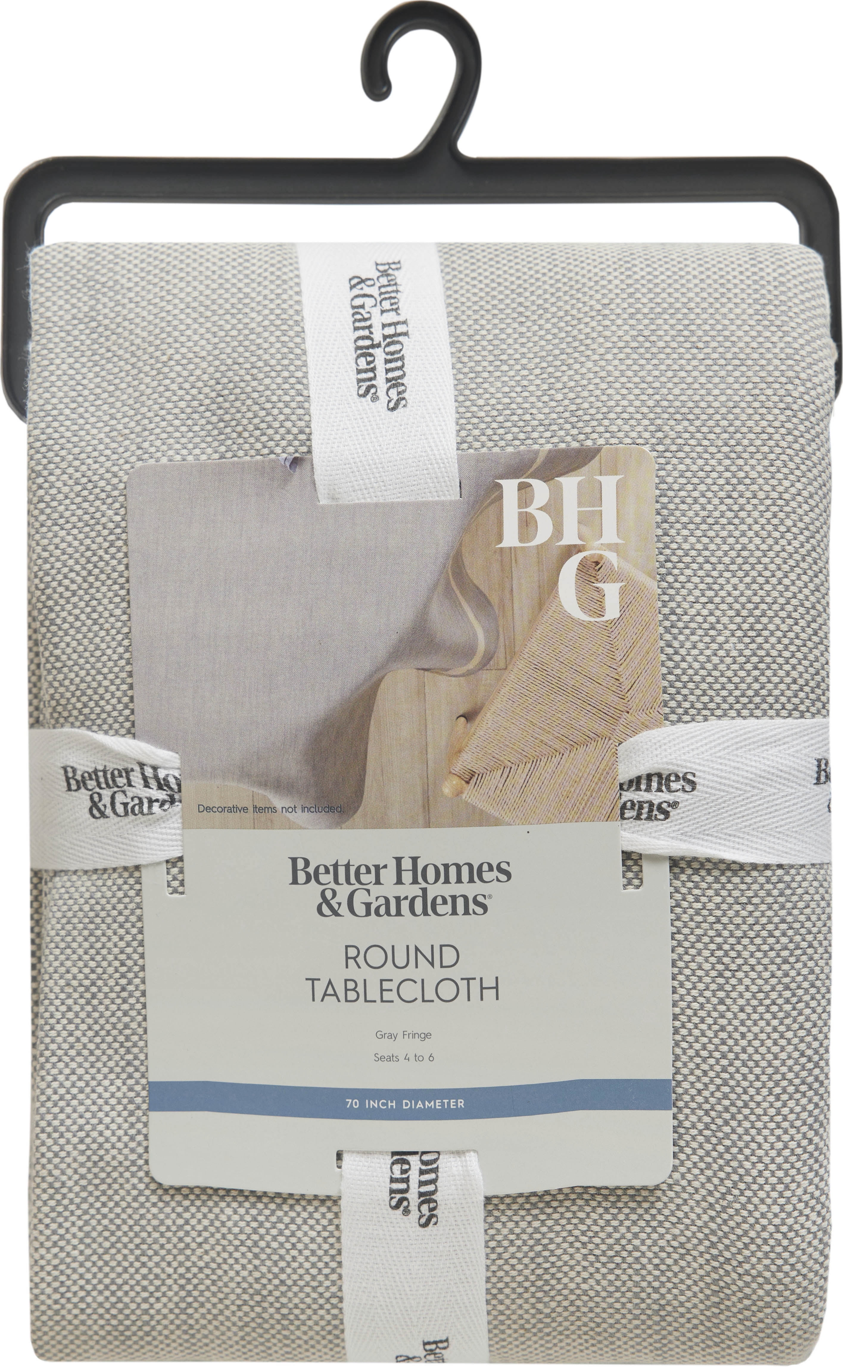Better Homes & Gardens Grey Fringe Tablecloth 70" Round - Grey Flannel / Natural - 100% Cotton
