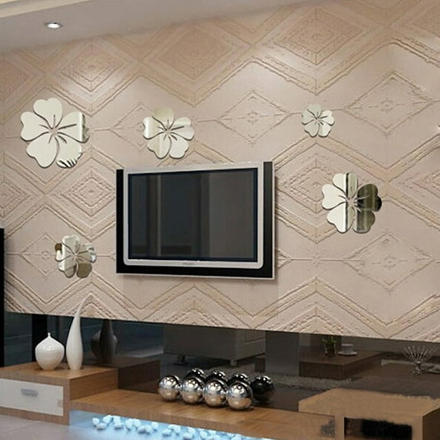 Fiudx Adhesivo de Pared con Diseño Floral de Espejo, Mural Acrílico Extraíble, Decoración Diy Moderna para El Hogar, Color Plateado, Fácil Instalación, Versátil para Sala de Estar y Dormitorio, 1 Jue