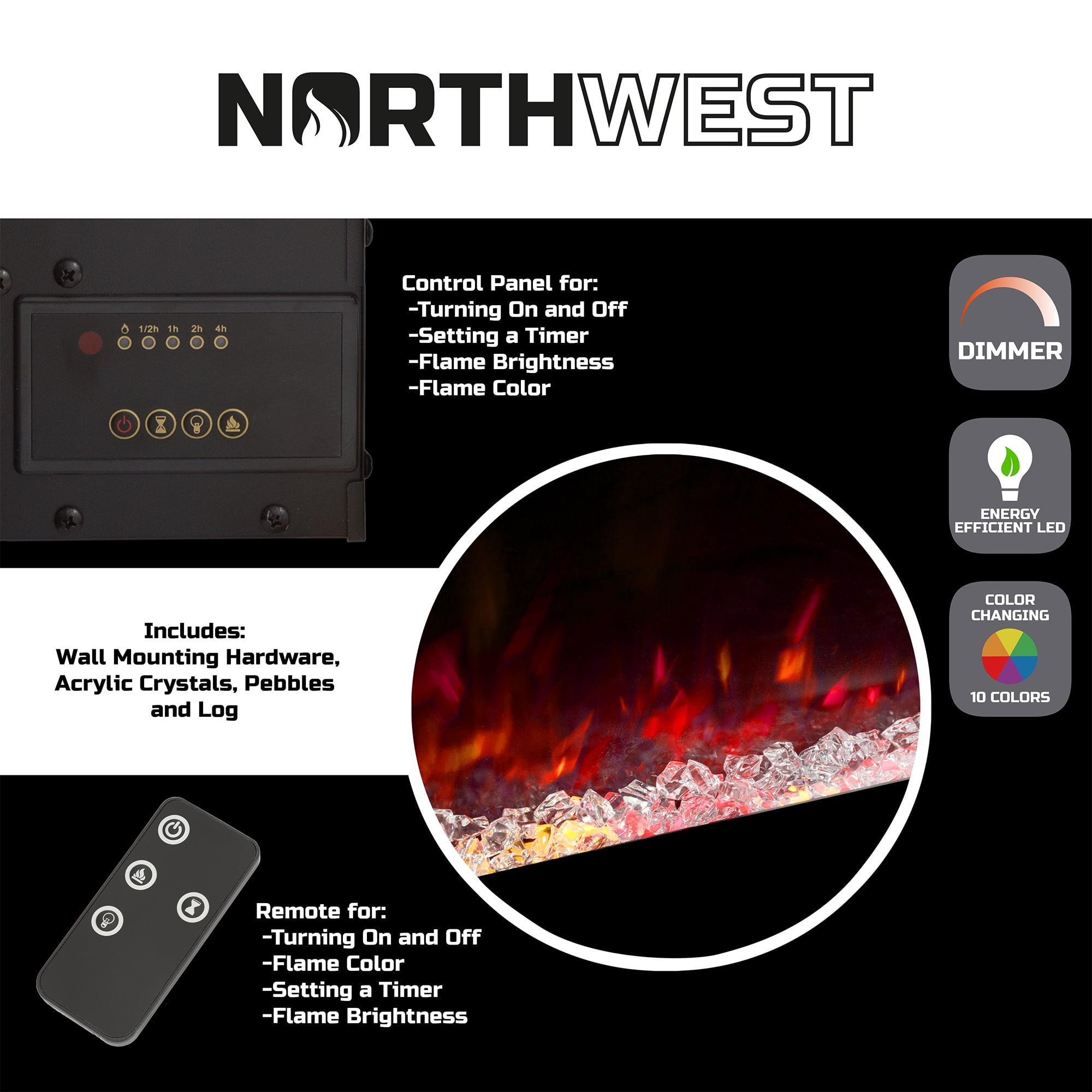 Electric Fireplace Wall Mounted Color Changing Led Flame And