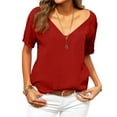 thumbnail image 2 of Women’s Deep V Neck Short Sleeve Loose Fit Casual Top Soft Lightweight Relaxed Fit Tee for Daily Wear Office Travel School Red M, 2 of 5
