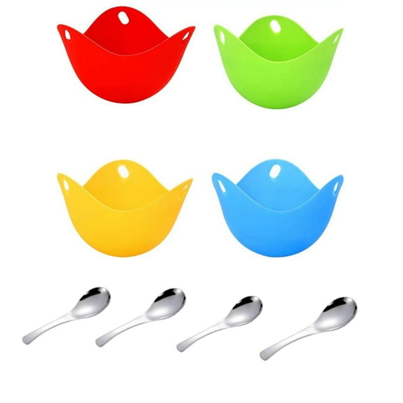 Non-Stick Silicone Egg Poaching Cups in Colorful Set of Four with Stainless Steel Spoons