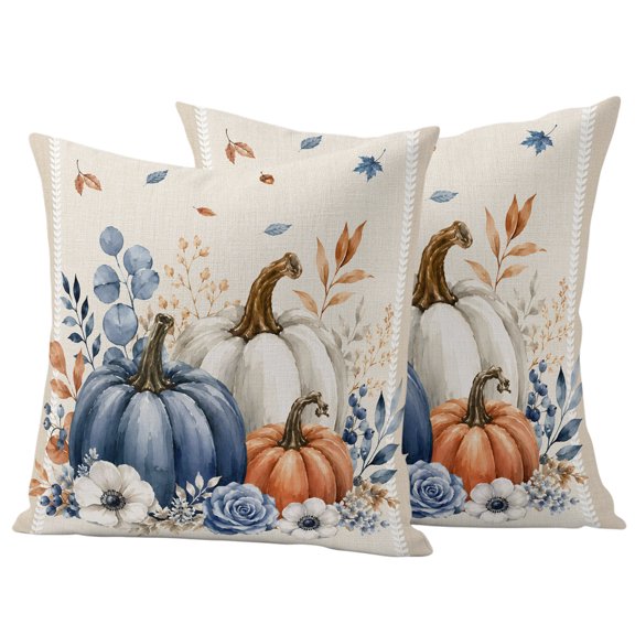 Blue White Pumpkins Fall Outdoor Waterproof Pillow Covers, Thanksgiving Eucalyptus Rustic Decorative Square Throw Pillowcase Sofa Cushion Sham for Patio/Couch/Chair, 16"x16" 2 Pack