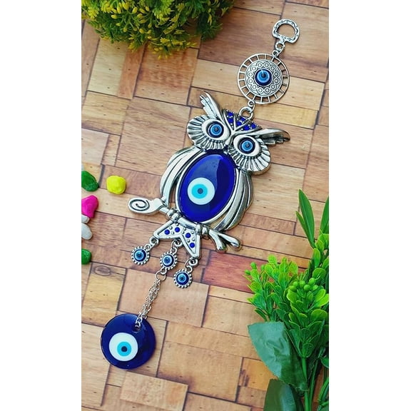 Metal Evil Eye Hanging for Home Entrance Door Decoration, Owl Nazar Battu for Home Protection, Good Luck Charm and Prosperity at Office and Home, Blue and Silver