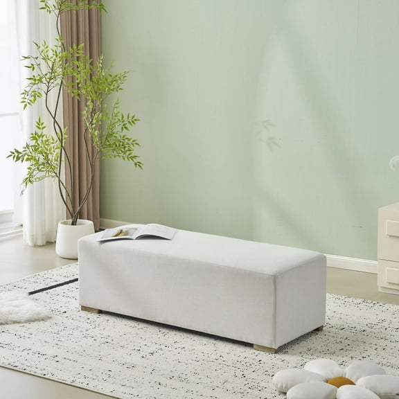 Christopher Knight Home Long Rectangular Ottoman Bench, White Upholstery with Rubberwood Base