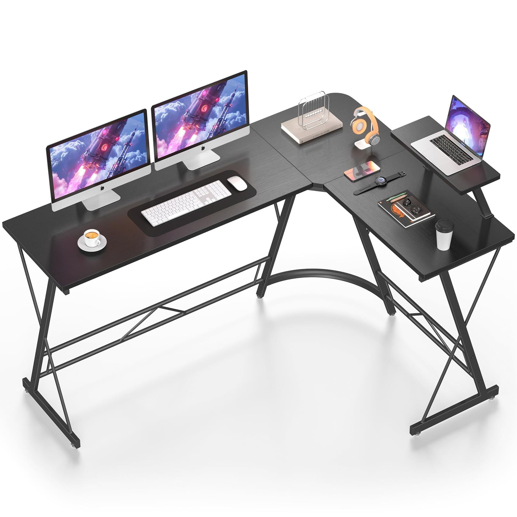 Mr IRONSTONE 63 inch L-Shaped Gaming Desk, Corner Computer Desk for Home Office, Black Writing Workstation with Large Monitor Stand