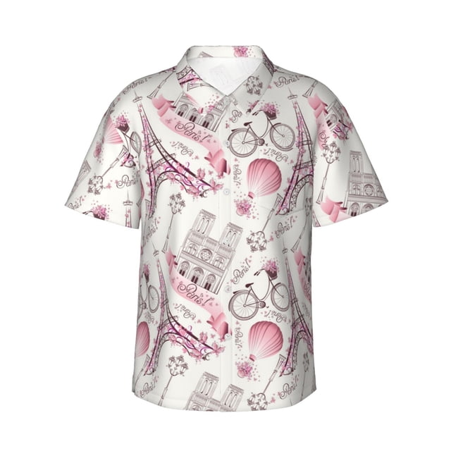 Balery Romantic Travel In Paris Camisas hawaianas de manga corta para hombre, camisas playeras de corte holgado, camisas de vacaciones con botones,Small