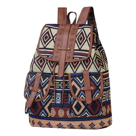 Pxyqht Ethnic Style Pattern Backpack Canvas Bag Stylish Floral Travel Bag Adjustable Drawstring Casual Backpack for School Work Shopping