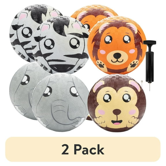 (2 pack) Gaga Ball 5 Inch Playground Balls with Air Pump (4 pk, Animals)- Durable Rubber Balls Official Size for Dodgeball & Handball - Great for Outside Play, 4 Square & Game to Play at Kids Birthday Parties