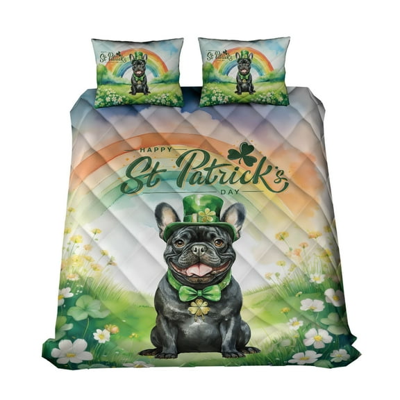 Happy St. Patrick’s Day French Bulldog with Green Hat Shamrocks Rainbow Quilt Bedding Set Dog Lover Gifts 1 Blanket Bed Cover 2 Pillowcases - 03007