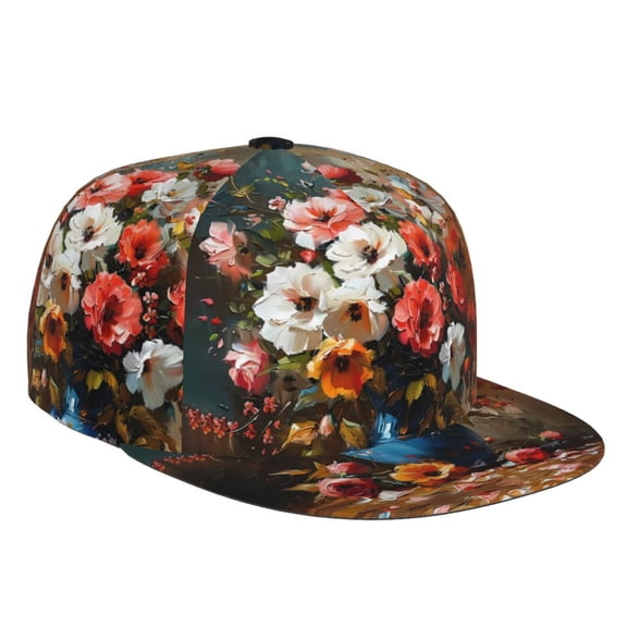 Flat Bill Trucker Hats for Women Men - Elegant Floral Vase Painting Adjustable Flat Baseball Cap Snapback Hats Dad Hats for Men