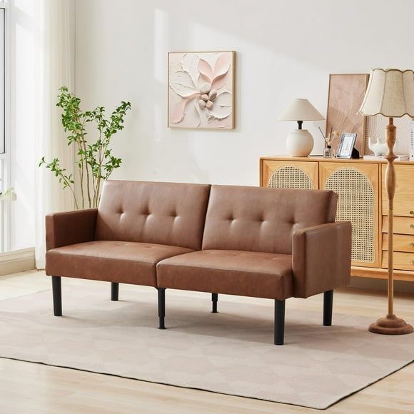 BeesClover 75.5” Convertible Futon Sofa Bed, PU Leather Small Couch Sofa with Wood Legs & 700lbs Capacity, Adjustable Folding Loveseat, Mid Century Modern Futon Couch