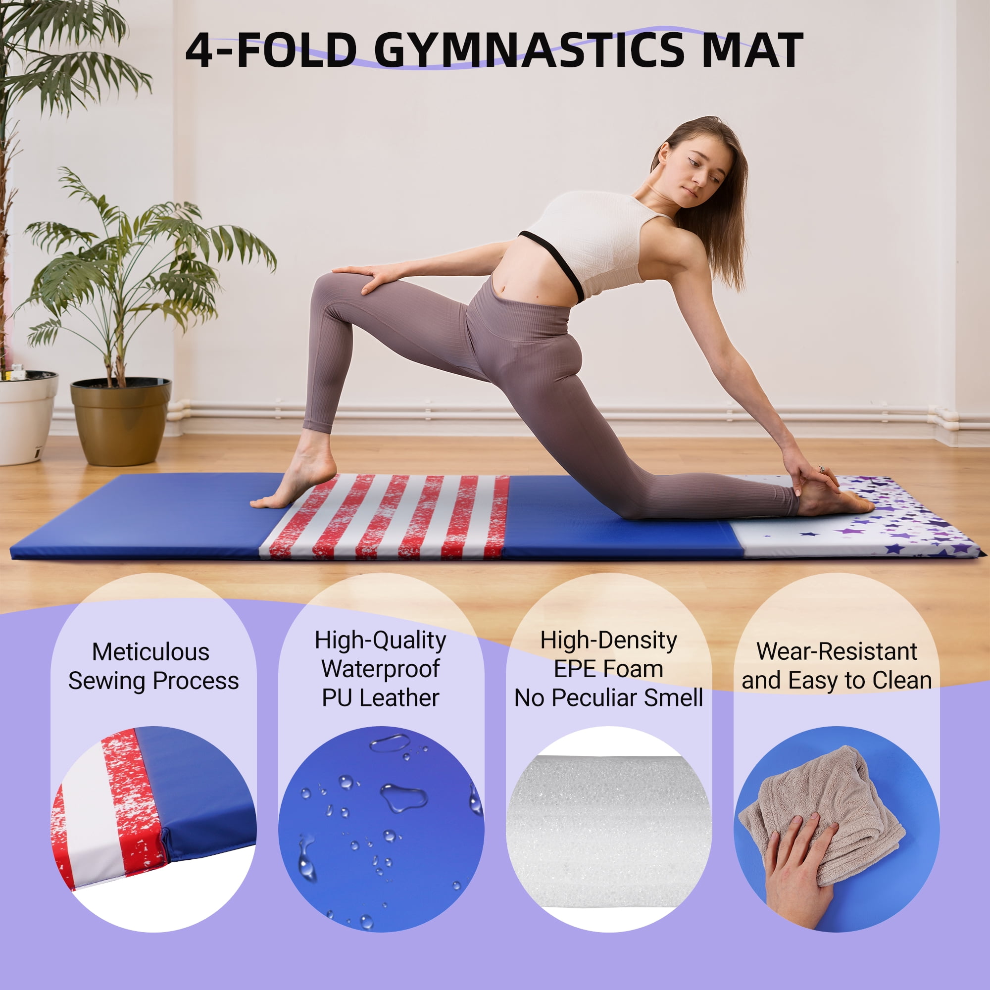 Signature Fitness 4ft x 10ft x 3in Folding Gymnastics Mat, 4-Panel Extra Thick Exercise Mat with Handles, PVC Leather + EPE Foam, Multiple Colors