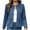 Dark Blue, variant on Women's Crew Neck Peplum Denim Jacket, Long Sleeve Button Front Cropped Jacket For Women, Tailored Outerwear for Spring Fall, Sizes S-2XL