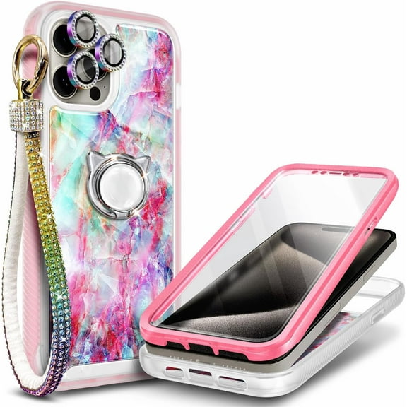 Compatible with iPhone 15 Pro Max Case, Nagebee Full Body Protection with [Built-in Screen Protector]/Camera Lens Protector/Diamond Wrist Strap Lanyard/Ring Holder, Shockproof Bumper Case (Fantasy)